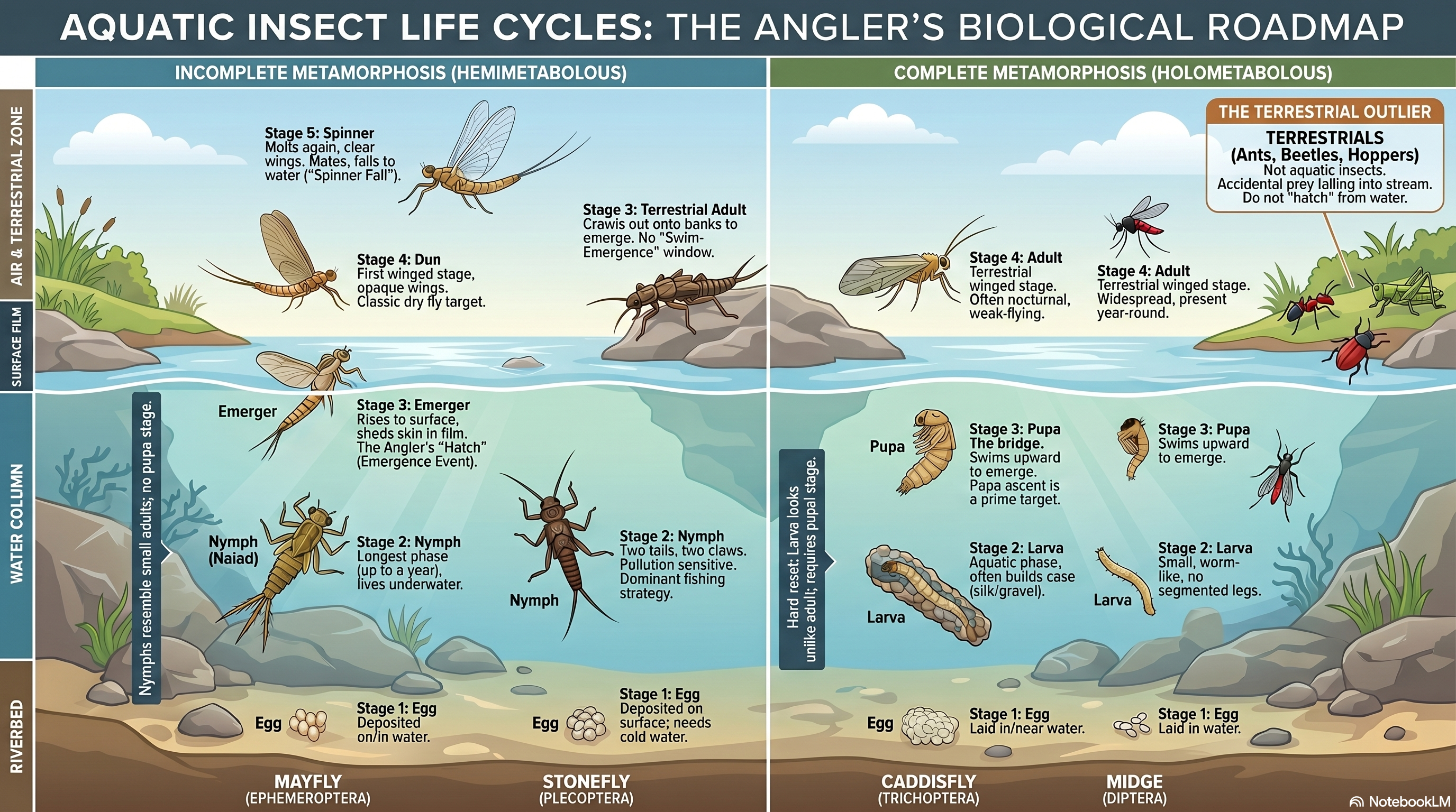 Side-by-side diagram of incomplete metamorphosis (mayfly + stonefly: egg, nymph, emerger, dun, spinner) and complete metamorphosis (caddis + midge: egg, larva, pupa, adult) plus terrestrials, with anglers fishing notes per stage.