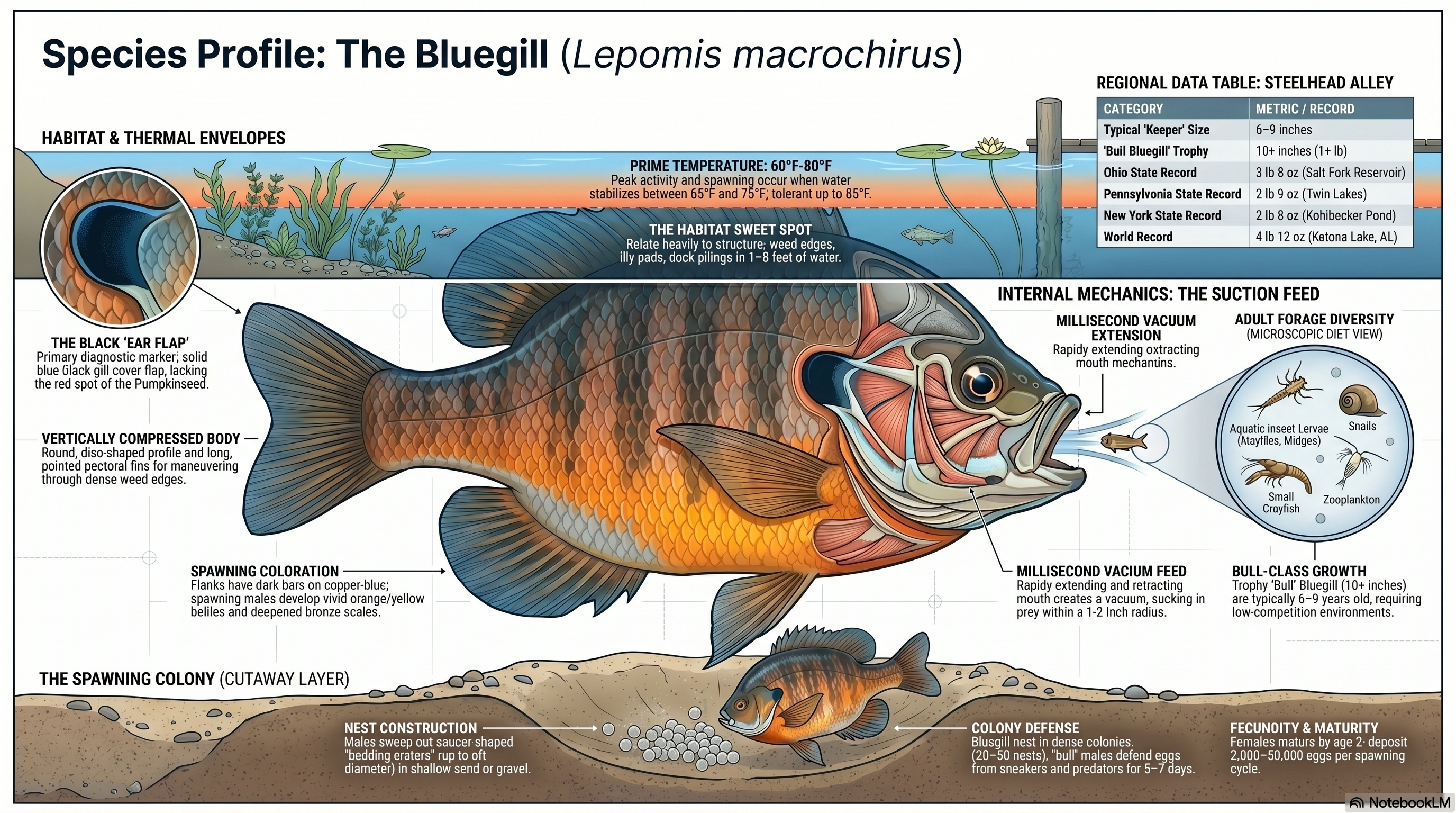 Side-cutaway bluegill illustration with callouts for the vertically compressed body, black ear flap diagnostic, suction-vacuum feeding mechanism, spawning coloration shift, and the spawning colony nest construction. Includes regional record table for Ohio, Pennsylvania, and New York.