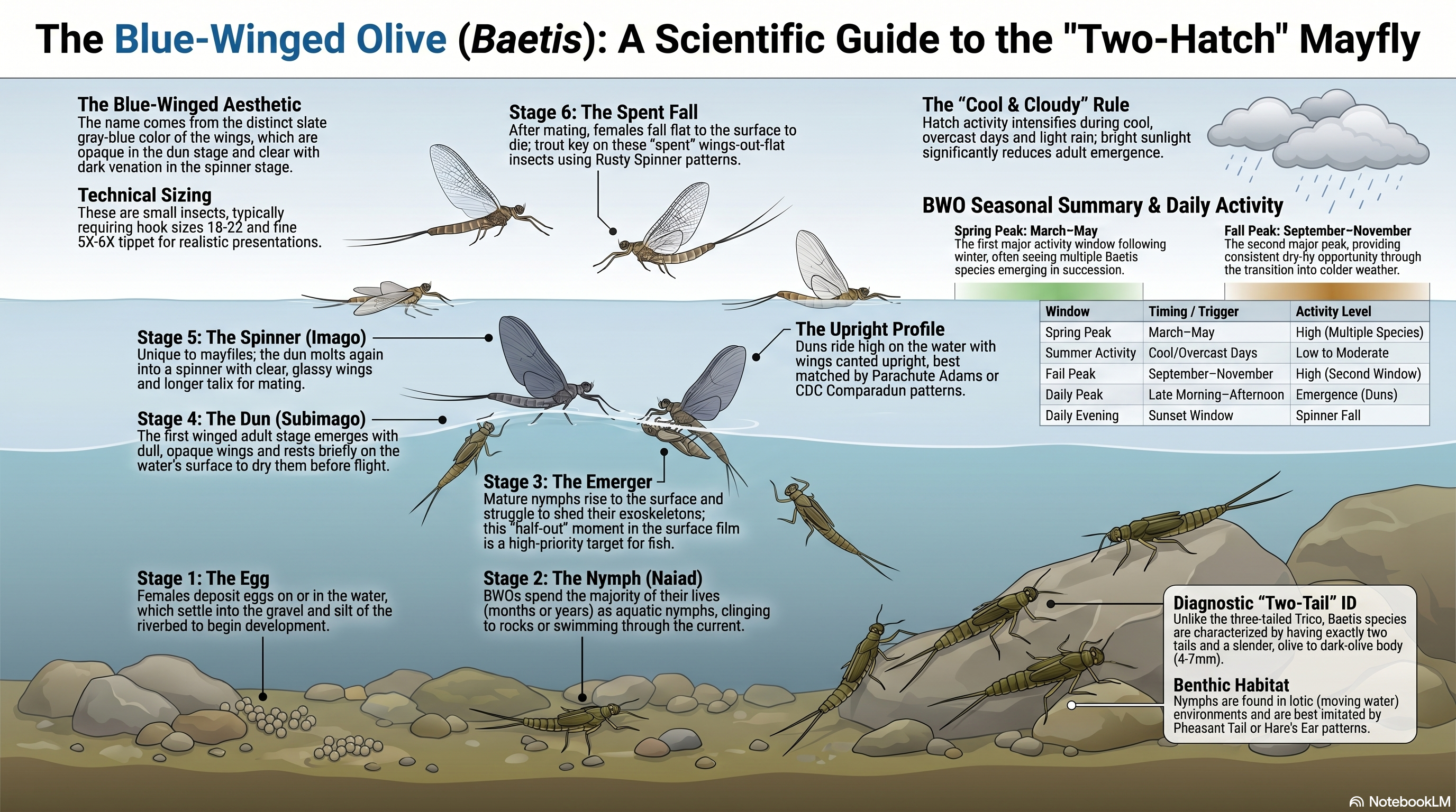 Stage-by-stage Blue-Winged Olive (Baetis) mayfly life cycle: egg, nymph, emerger, dun (sub-imago), spinner (imago), and spent fall. Includes the spring March-May + fall September-November two-hatch pattern and angler tackle notes (sizes 18-22, 5X-6X tippet).