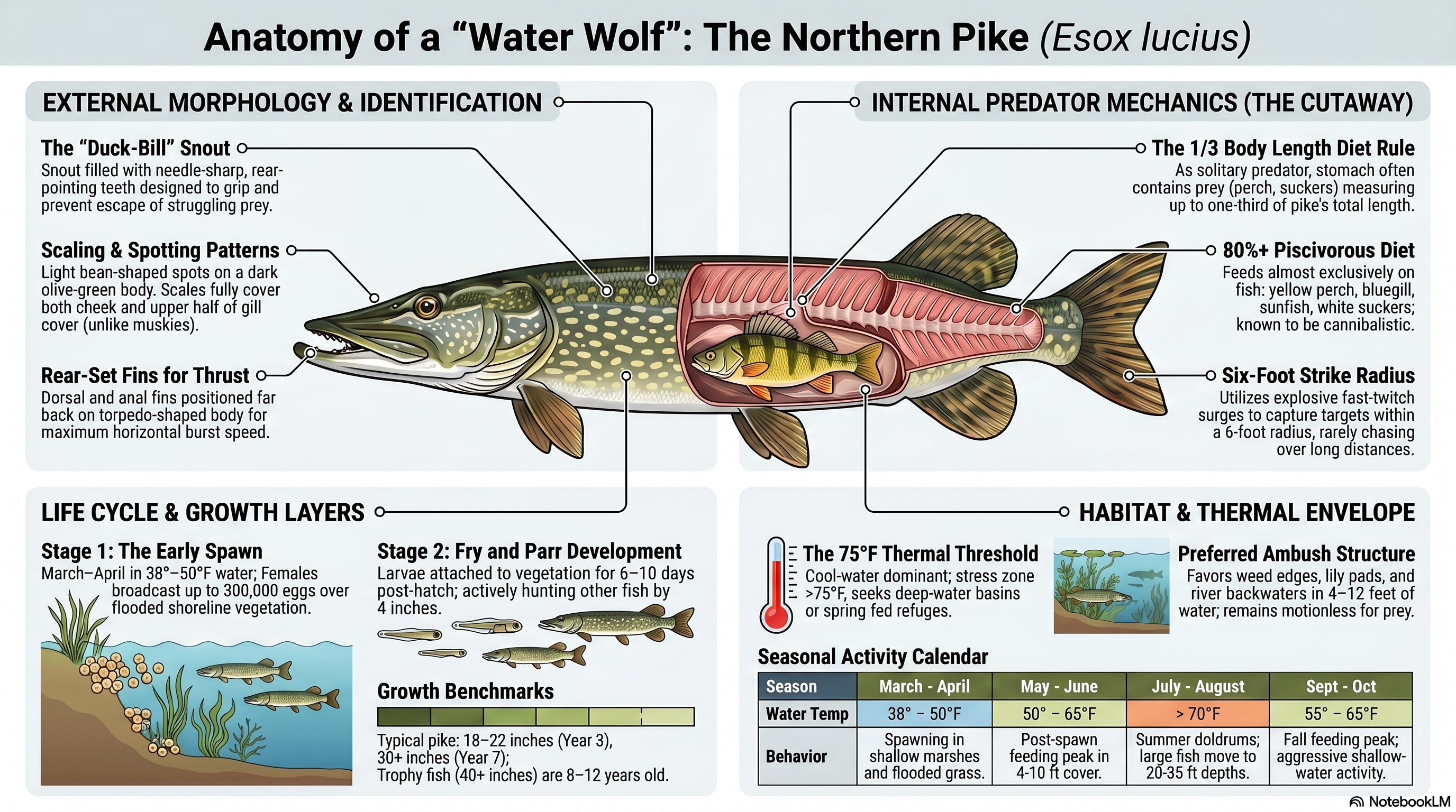 Side-cutaway northern pike illustration with callouts for the duck-bill snout, rear-set fins for thrust, 80% piscivorous diet, the 1/3-body-length diet rule, six-foot ambush strike radius, and seasonal activity from March spawn through October feeding peak.