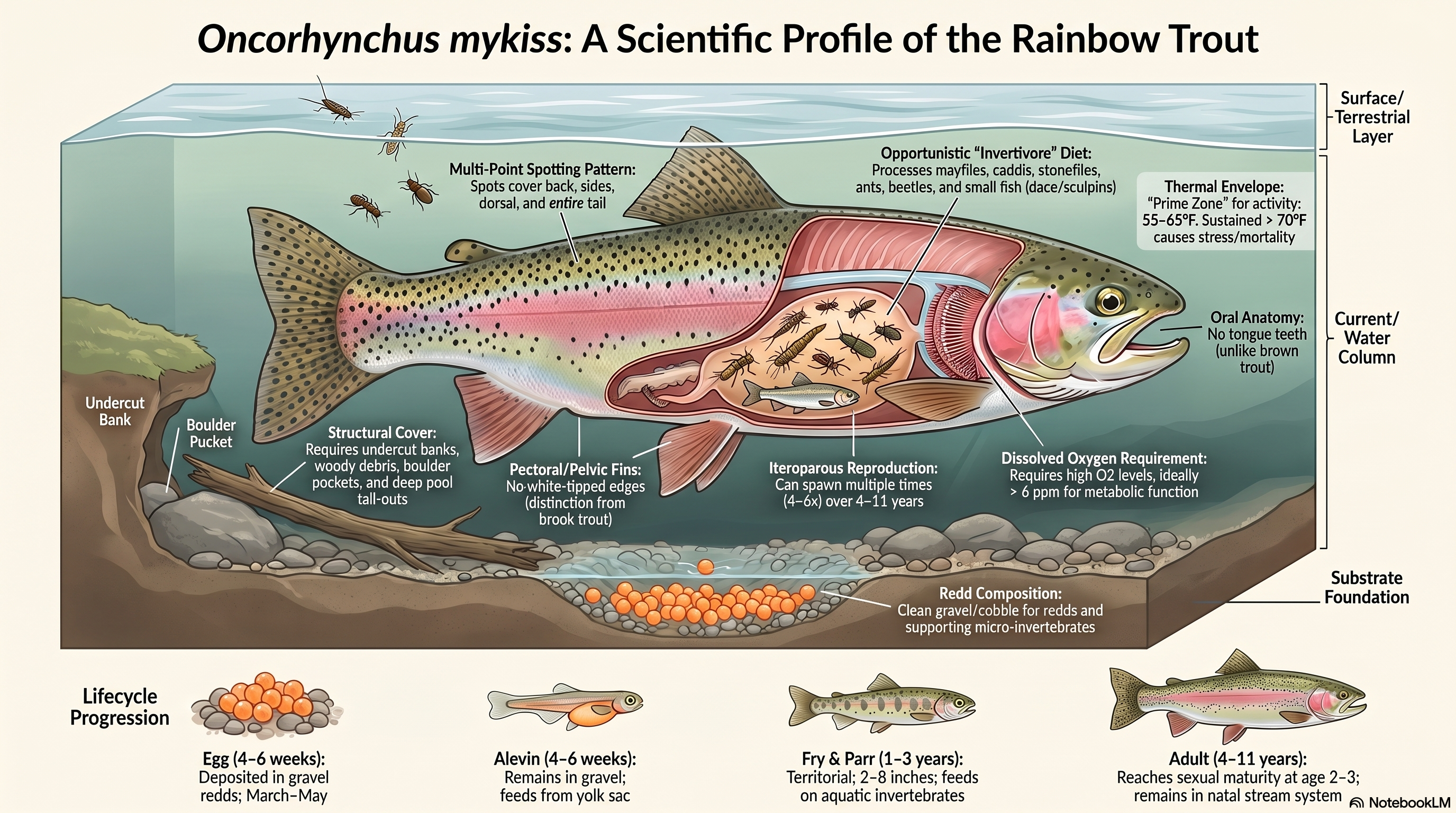 Side-cutaway rainbow trout illustration with callouts for multi-point spotting, opportunistic invertivore diet, thermal envelope 55-65F prime zone, structural cover requirements (undercut banks, boulder pockets), high O2 requirement, and the iteroparous reproduction with redd composition.