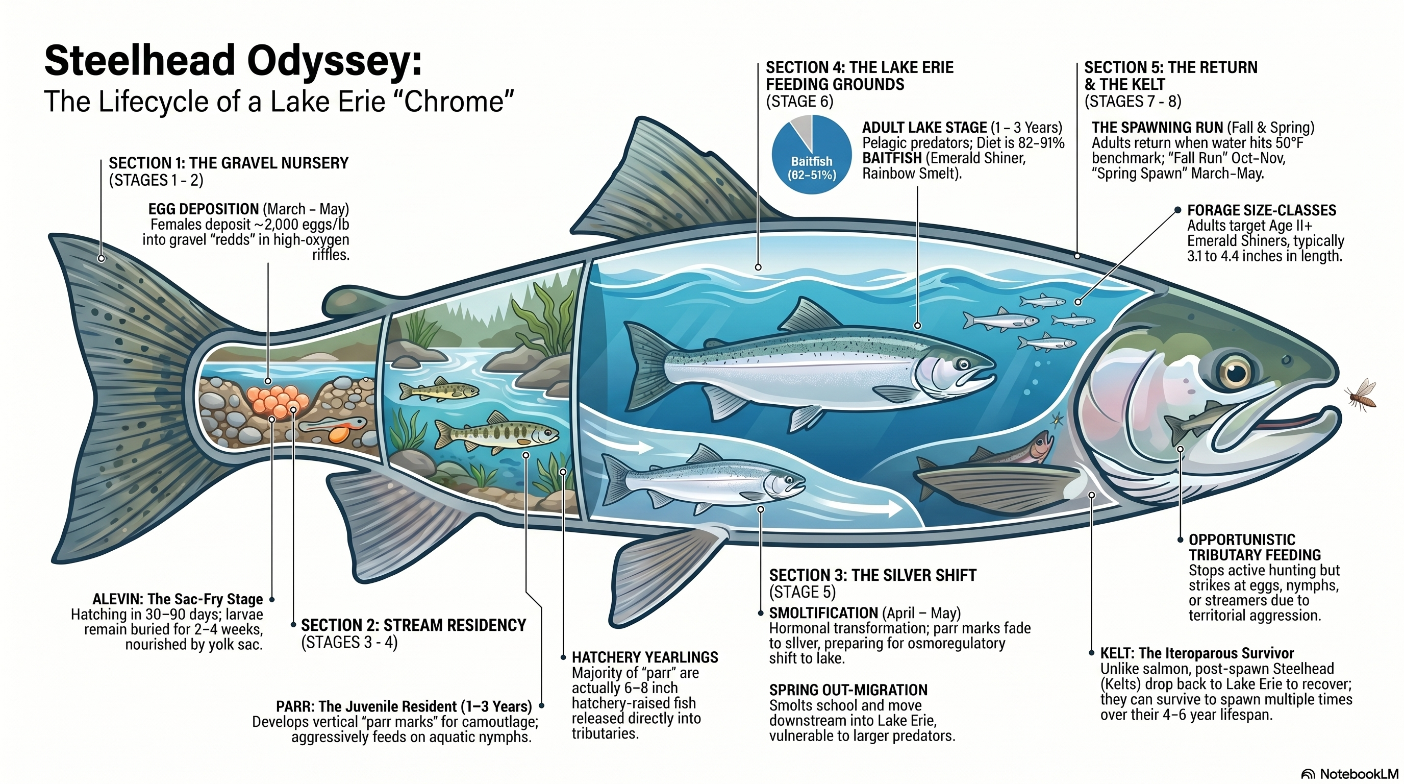 Cutaway illustration showing the five life-cycle stages of a Lake Erie steelhead: egg deposition in gravel redds, alevin sac-fry, parr juvenile residency, smolt out-migration, adult lake feeding, and kelt return.