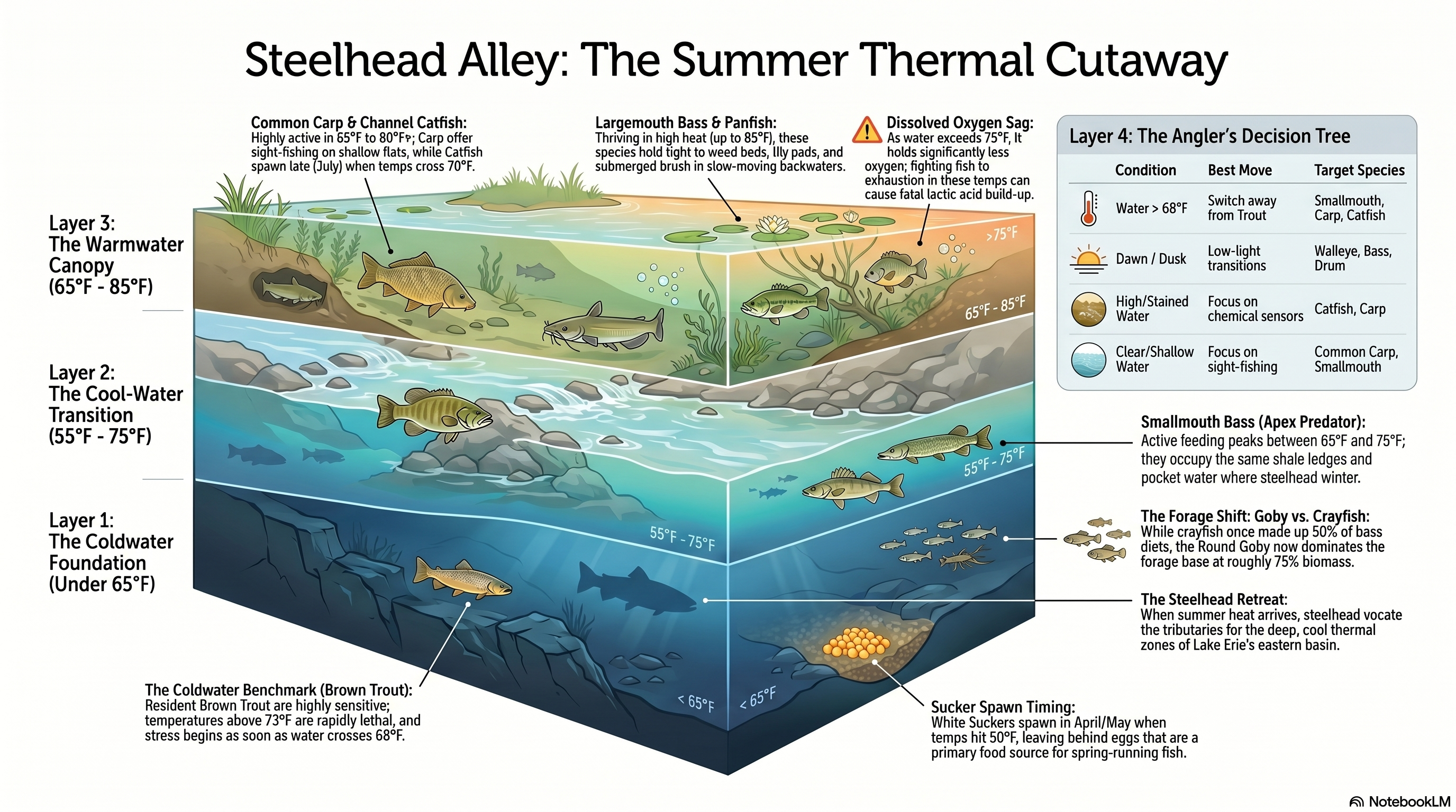 Cutaway illustration of a Steelhead Alley summer river showing three thermal layers and the species that occupy each: carp and channel catfish in the 65-80F surface canopy, smallmouth bass and walleye in the 55-75F transition, and brown trout in the sub-65F coldwater foundation.