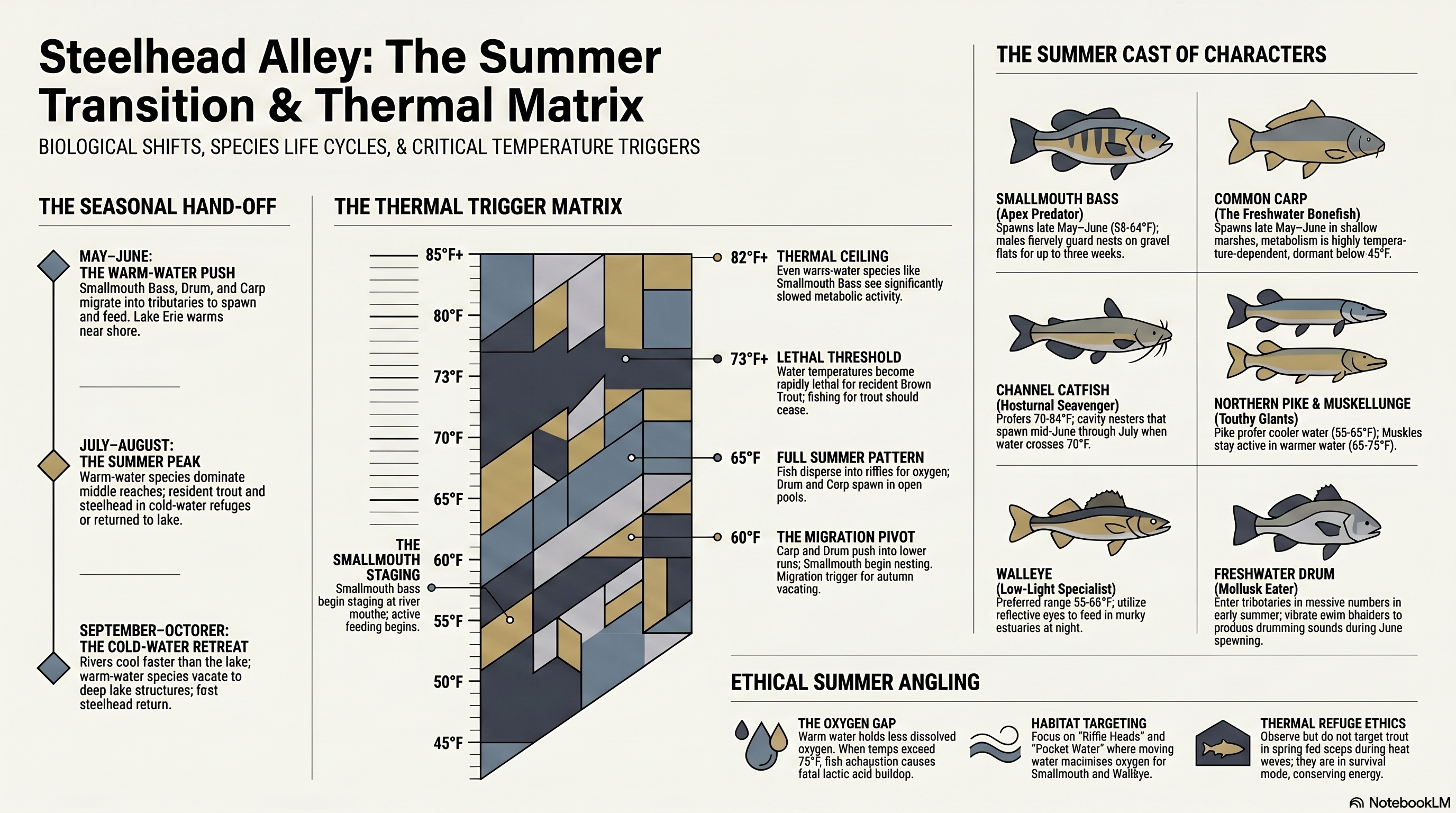 Three-season summer transition diagram showing the May-June warmwater push, July-August summer peak, and September-October coldwater retreat. Includes thermal trigger matrix (60F migration pivot, 65F full summer, 73F lethal threshold, 82F thermal ceiling) and species-by-temperature behavior.