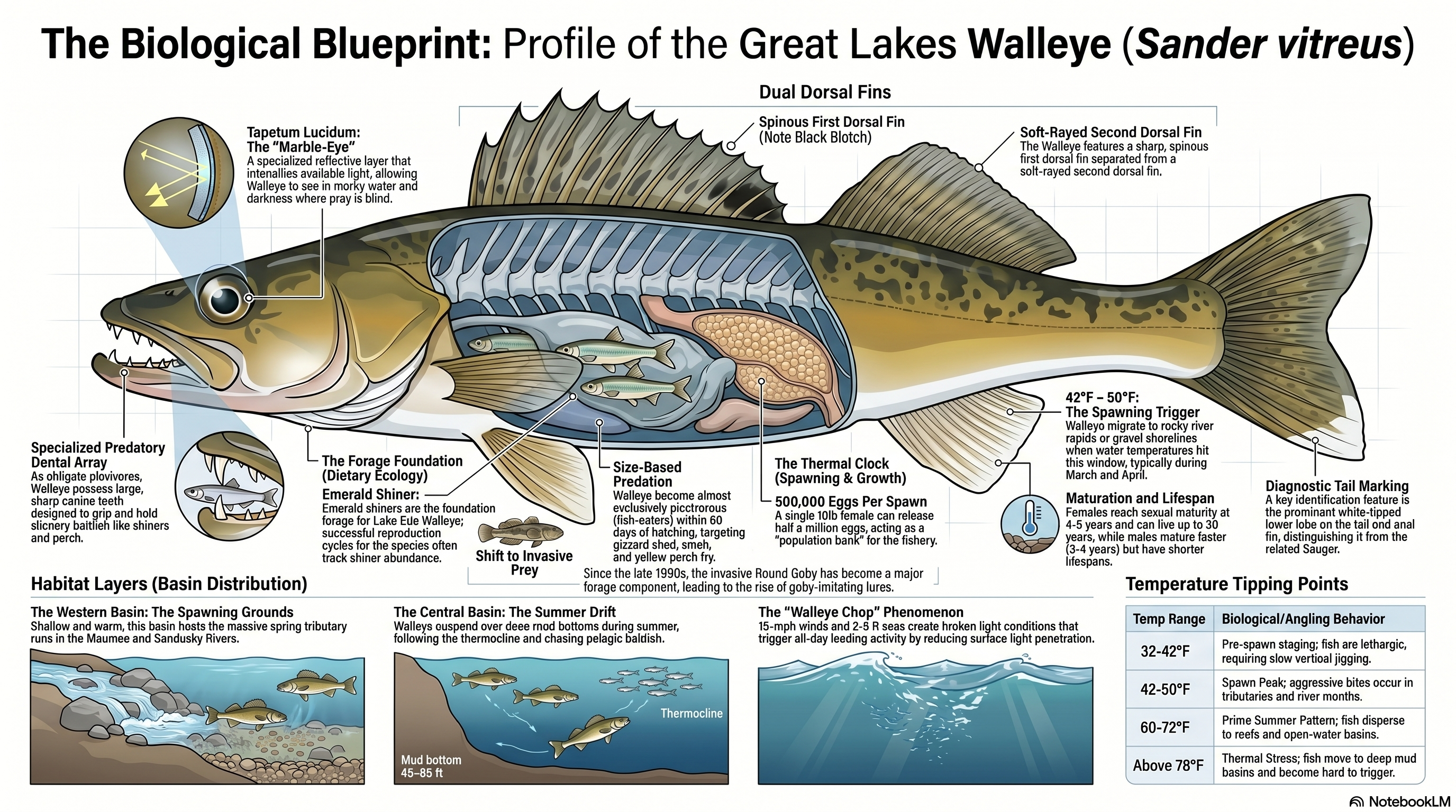 Side-cutaway walleye illustration with callouts for the tapetum lucidum eye structure, dual dorsal fins, predatory dental array, size-based predation shift, the western/central/eastern basin habitat split, and the walleye chop phenomenon during light wind conditions.